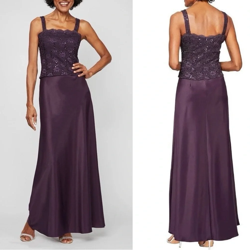 New Alex Evenings Sequin Lace Satin Gown Maxi Dress Square Neck Purple Eggplant
